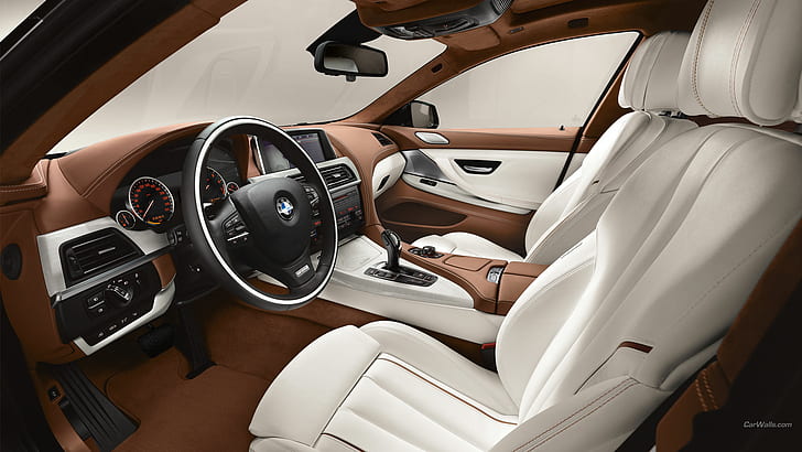 BMW Interior HD, interior mobil kulit cokelat-putih, mobil, bmw, interior, Wallpaper HD