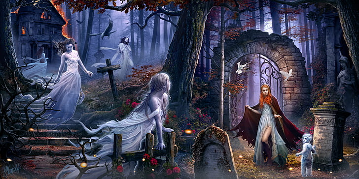 Dark, Ghost, Cemetery, Child, Cross, Fantasy, Graveyard, Headstone, HD wallpaper