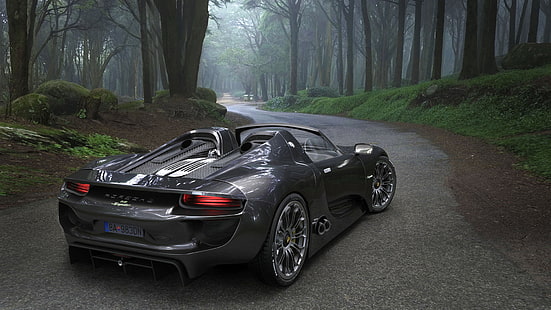 coupé gris, coche, carretera, bosque, niebla, otoño, mañana, render Porsche 918 Spyder, Porsche, Fondo de pantalla HD HD wallpaper