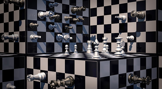 Фантастично шахматно изкуство, бял и черен шах, артистичен, 3D, шах, игра, крал, кралица, стратегия, фигури, топове, епископи, рицари, пионки, 3d модел, шахматни дъски, HD тапет HD wallpaper
