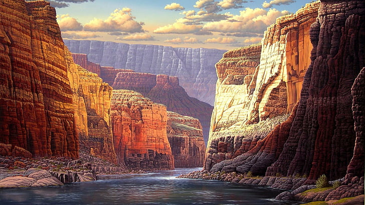 nature, canyon, sky, landmark, wilderness, national park, rock, cliff, painting art, artwork, river, cloud, art, artistic, painting, HD wallpaper