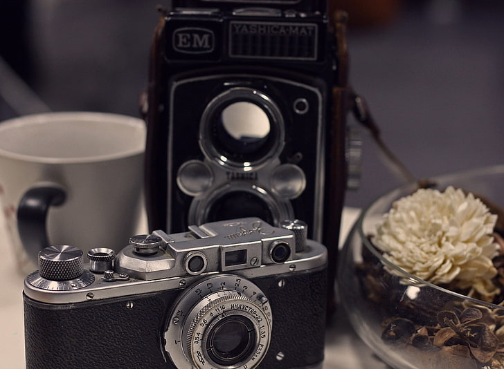 Fotocamera reflex nera e argento, Vintage, Retro, fotocamera, Sfondo HD