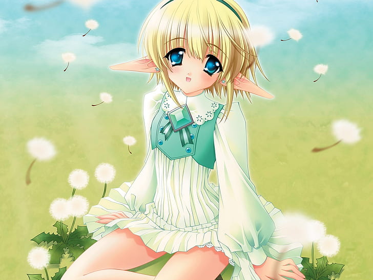 Blonde anime girl on grass, Blonde, Anime, Fille, Herbe, Fond d'écran HD