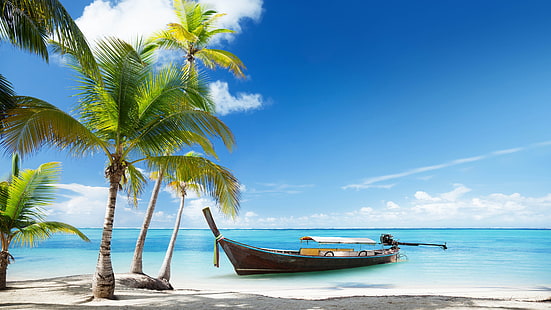 Таиланд, пляж, пальмы, море, лодка, Таиланд, пляж, пальмы, деревья, море, лодка, HD обои HD wallpaper