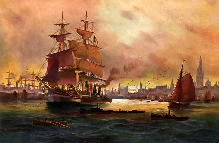 水の絵画、海、空、風景、都市、人々、ボート、船、写真、港、帆、アルフレッドヤンセンの体に茶色のガレオン船、 HDデスクトップの壁紙