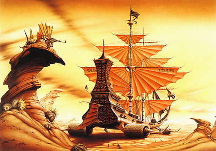 orange segelfartyg illustration, öken, skepp, rodney matthews, HD tapet HD wallpaper