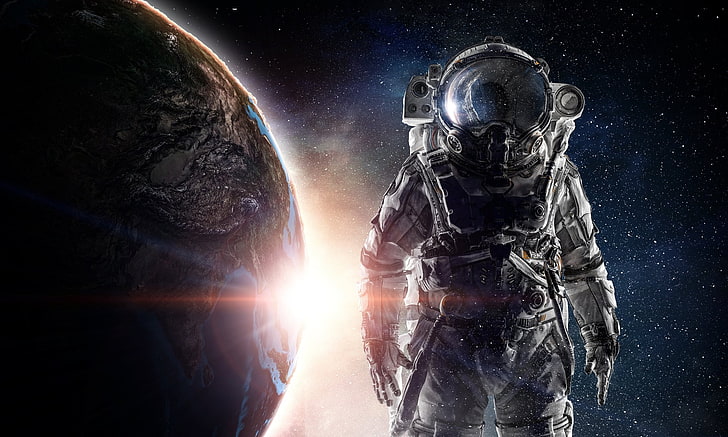 spazio, astronauta, stelle, pianeta, arte spaziale, arte digitale, Sfondo HD