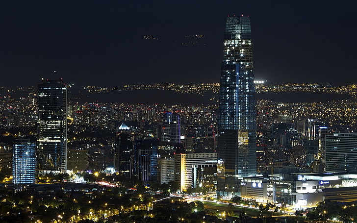 lighted grey concrete tower, landscape, lights, Santiago de Chile, cityscape, night, skyscraper, metropolis , modern, urban, building, architecture, HD wallpaper