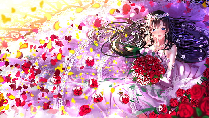 аниме, аниме девушки, Swordsouls, произведение искусства, свадебное платье, роза, Яхари Ore no Seishun Love Comedy wa Machigatteiru, Хирацука Шизука, HD обои