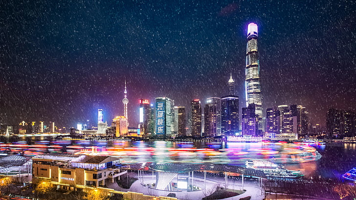 метрополис, трафик, светлинни пътеки, център, кула, кула, небе, тъмнина, силует, небостъргач, Азия, нощ, град, Китай, столичен район, градски пейзаж, градски светлини, сняг, вятър, снеговалеж, зима, Луджиазуй, ​​Шанхай, HD тапет