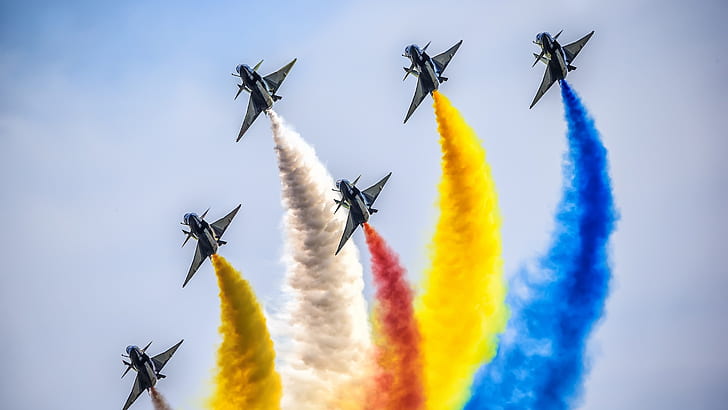 aviação, fumaça, acrobacias, airshow, força aérea, fumaça colorida, HD papel de parede