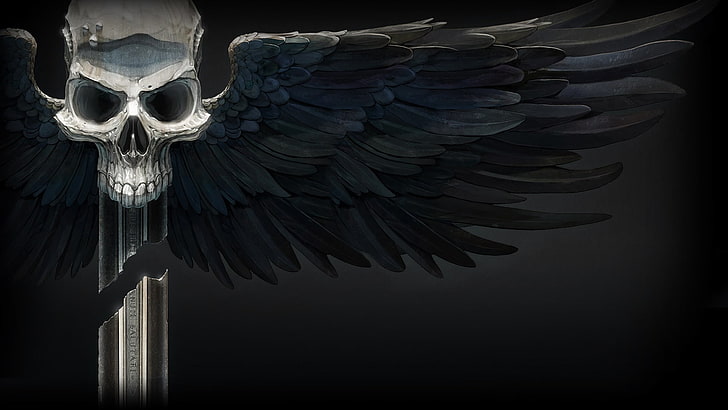 серый череп с черными крыльями цифровые обои, Warhammer 40,000, череп, Space Hulk: Deathwing, HD обои