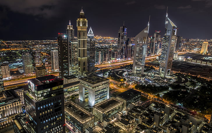 Architektura miejska Dubaju Zjednoczone Emiraty Arabskie Pejzaże miejskie Fotografia nocna 4k Ultra HD Tapety na pulpit 3840х2400, Tapety HD