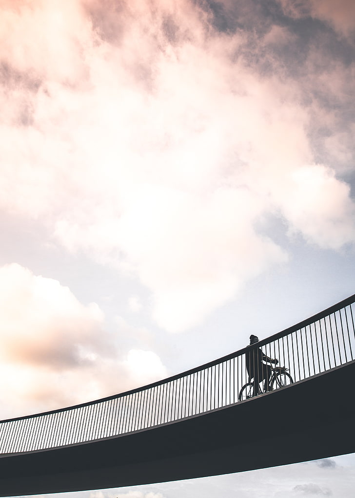 commuter bicycle, cyclist, minimalism, bridge, sky, HD wallpaper