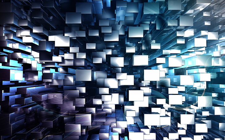 illustrazione bianca e blu del cubo, estratto, blocchi 3D, arte digitale, Sfondo HD