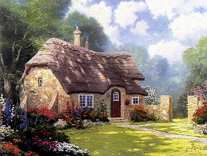 brown and beige house beside tree painting, roof, the sky, clouds, flowers, day, house, summer, painting, cottage, beautiful, solar, stone, Thomas Kinkade, straw, Cottage in the forest, HD wallpaper HD wallpaper