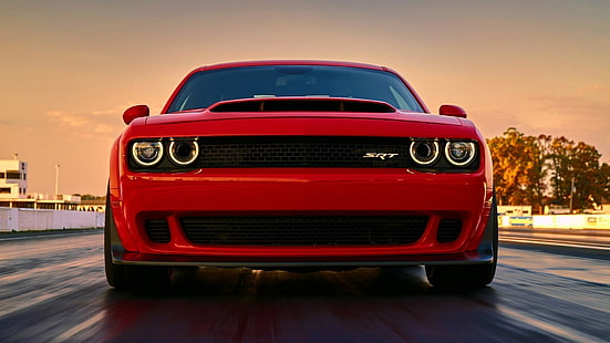 auto, Dodge, Dodge Challenger, Dodge Challenger SRT, macchine rosse, rosse, vista frontale, Sfondo HD HD wallpaper