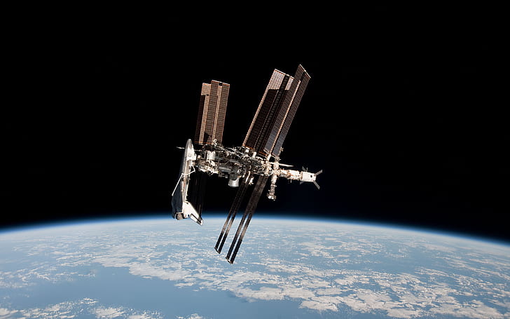 Pesawat ulang-alik NASA Stasiun Luar Angkasa Planet Bumi HD, satelit hitam, luar angkasa, bumi, planet, NASA, pesawat ulang-alik, stasiun, Wallpaper HD