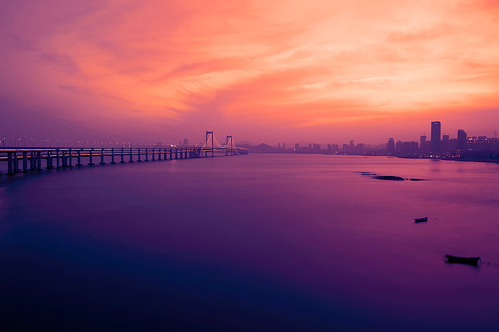 5K, Pôr-do-sol, Dalian, Ponte da Baía de Xinghai, China, Crepúsculo, HD papel de parede