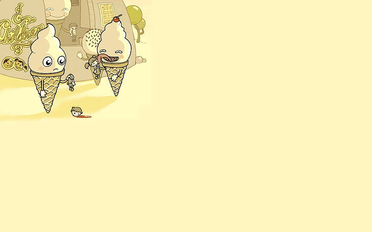 three ice cream cliparts, children, blood, figure, humor, ice cream, without a head, horn, yellow background, HD wallpaper