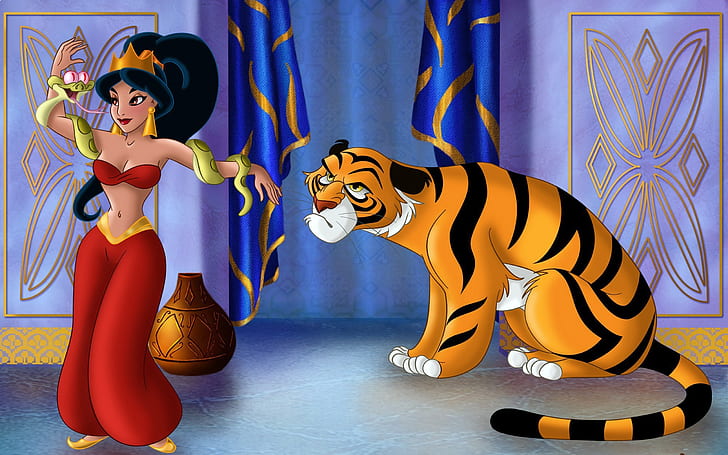 Księżniczka Jasmine tańczy z wężem i zwierzęciem Tiger Cartoon Aladdin Hd Tapeta 2560 × 1600, Tapety HD