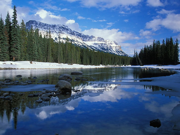 Bow River Castle Mountain Canada, body of water, mountain, castle, canada, river, HD wallpaper