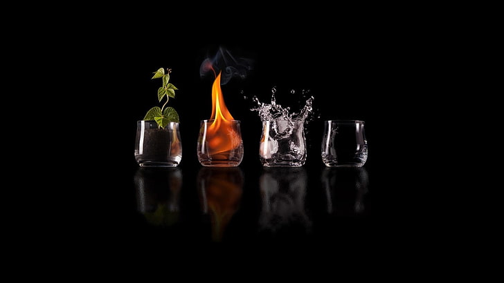four clear rock glasses, glass, fire, water, black, reflection, four elements, Earth, air, elements, nature, drinking glass, plants, science fiction, humor, digital art, black background, liquid, HD wallpaper