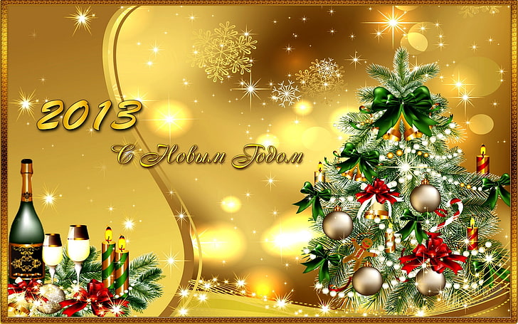 stars, decoration, snowflakes, balls, candles, tree, champagne, bows, Happy New year, 2013, vector Wallpaper, HD wallpaper
