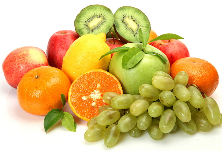 bagas, limão, maçãs, kiwi, uvas, frutas, frutas cítricas, tangerinas, HD papel de parede