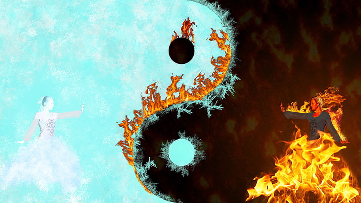 Yin Yang poster, fire, ice, Yin and Yang, HD wallpaper