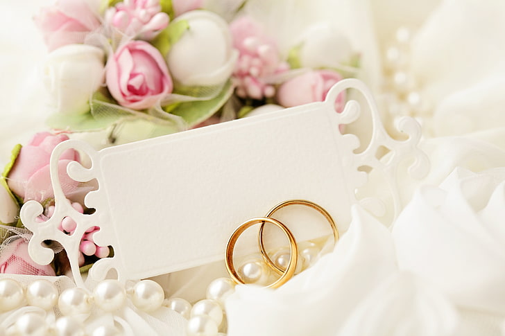 two gold-colored rings, holiday, pigeons, lace, wedding, postcard, wedding rings, HD wallpaper