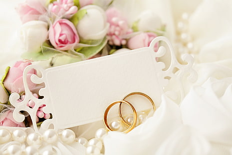 zwei goldfarbene Ringe, Urlaub, Tauben, Spitze, Hochzeit, Postkarte, Trauringe, HD-Hintergrundbild HD wallpaper