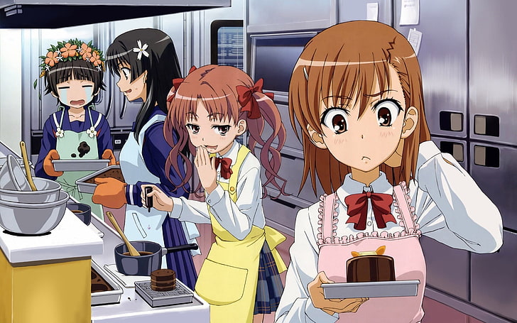 To aru Majutsu no Index, аниме момичета, торта, Misaka Mikoto, печене, Saten Ruiko, Shirai Kuroko, Uiharu Kazari, HD тапет