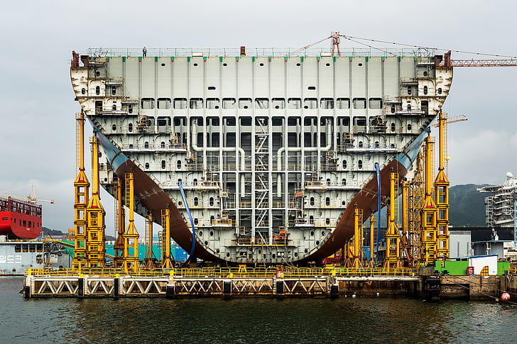 technology, construction, cranes (machine), water, shipyard, pipes, metal, dock, ship, HD wallpaper