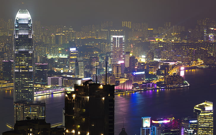 Гонконг Здания Небоскребы Ночные Огни HD, ночь, здания, городской пейзаж, небоскребы, огни, Гонконг, Гонконг, HD обои