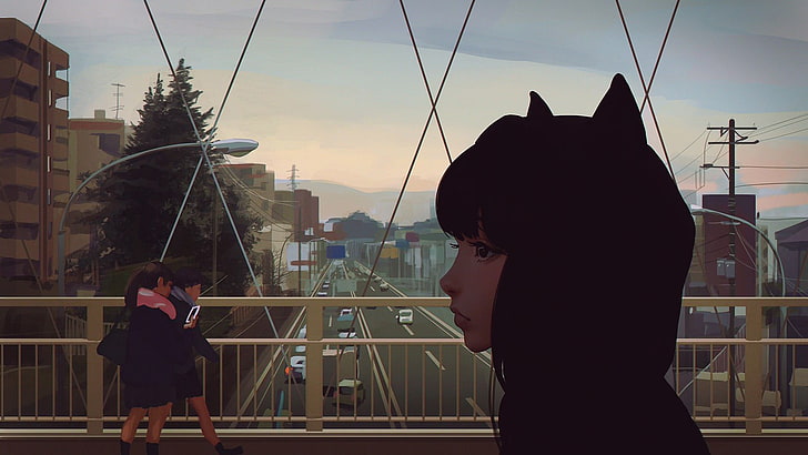 女性アニメキャラクターイラスト、橋の上を歩くパーカーを着ている少女の絵、アニメ、東京、アニメの女の子、建物、アートワーク、イリヤクフシノフ、DeviantArt、都市景観、交通、猫耳、女性、橋、都市、通り、 HDデスクトップの壁紙