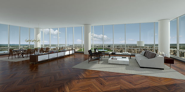 pilar putih, desain, rumah, gaya, interior, penthouse, megapolis, kota new york, ruang tamu, Wallpaper HD HD wallpaper