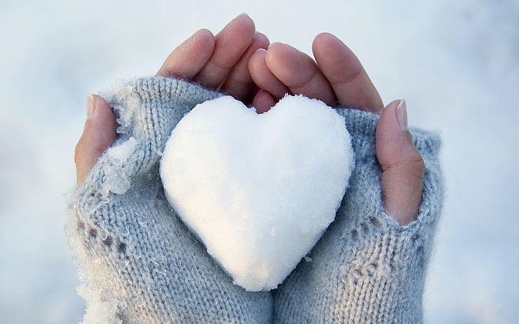 white heart-shaped snow, snow, heart, HD wallpaper