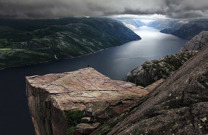 nature landscape preikestolen norway fjord mountain clouds rock, HD wallpaper