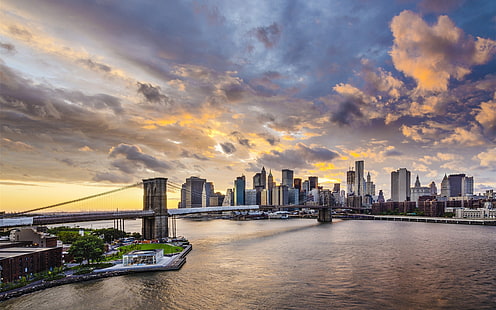 Бруклинский мост, Манхэттен, Нью-Йорк, небоскребы, облака, Бруклинский мост, Манхэттен, Нью-Йорк, город, небоскребы, облака, HD обои HD wallpaper