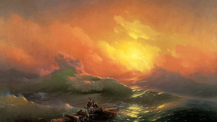 sunset paintings ocean sea artwork rafting 1920x1080  Nature Oceans HD Art , sunset, paintings, HD wallpaper
