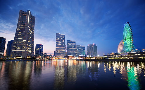 Puesta de sol en Yokohama Japón, edificios de la ciudad, puesta de sol, Japón, Yokohama, Fondo de pantalla HD HD wallpaper