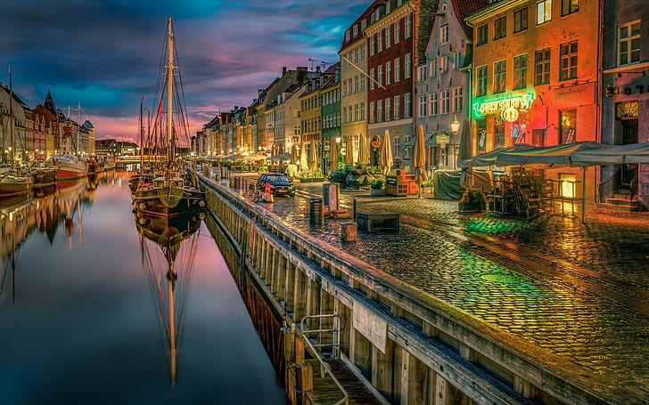 사진술 도시 풍경 건축물 도시 늙은 건물 운하 물 반사 보트 조명 조약돌 코펜하겐 덴마크, HD 배경 화면