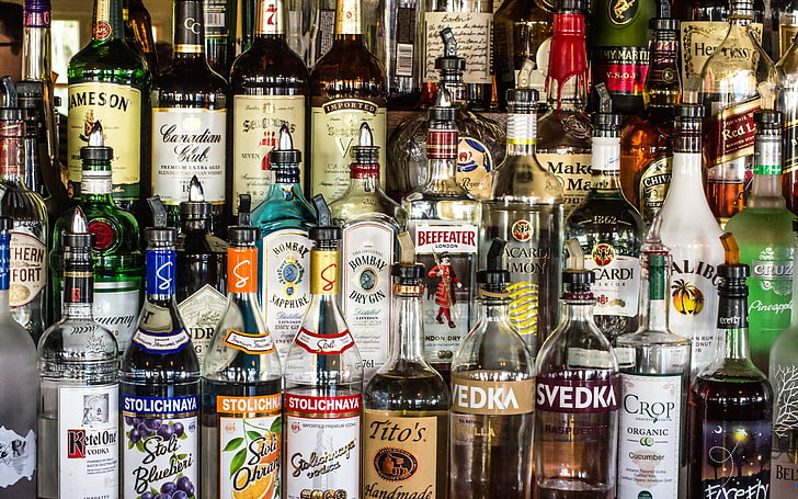assorted liquor bottles, alcohol, vodka, bottles, HD wallpaper