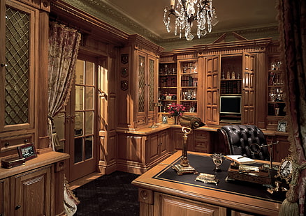 коричневый и черный деревянный рабочий стол, дизайн, стиль, комната, интерьер, офис, HD обои HD wallpaper