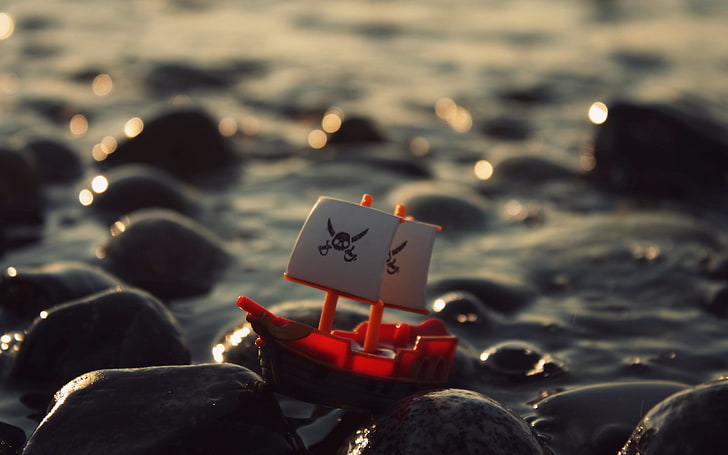 red and white plastic sailboat toy, ship, small, beach, water, stones, HD wallpaper