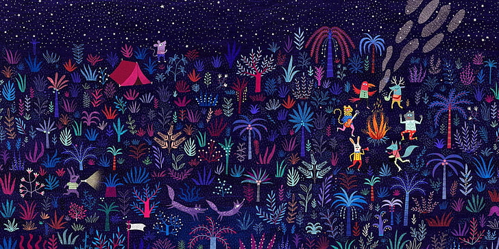 malarstwo drzew, sztuka cyfrowa, fantasy art, bajka, zwierzęta, drzewa, rośliny, ogień, taniec, gra, instrument muzyczny, jeleń, króliki, lis, żaba, tygrys, papuga, myszy, namiot, noc, gwiazdy, Mariana Ruiz Johnson, Tapety HD
