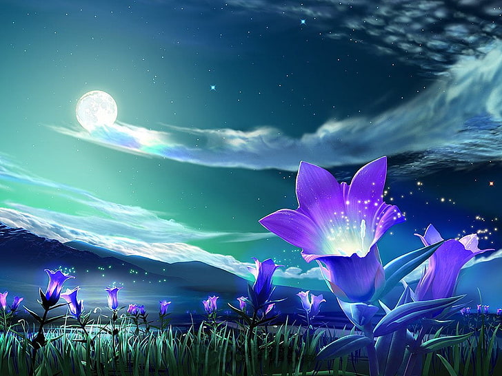 ดอกไม้สีม่วงภายใต้ดวงจันทร์ในเวลากลางคืนวอลล์เปเปอร์, ศิลปะ, ธรรมชาติ, วอลล์เปเปอร์ HD