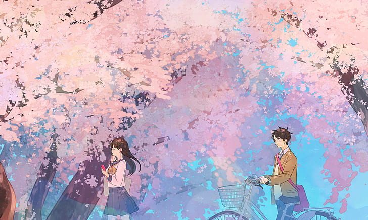 cherry blossom, nature, spring, sailor uniform, school uniform, bicycle, earphones, blushing, trees, anime, HD wallpaper