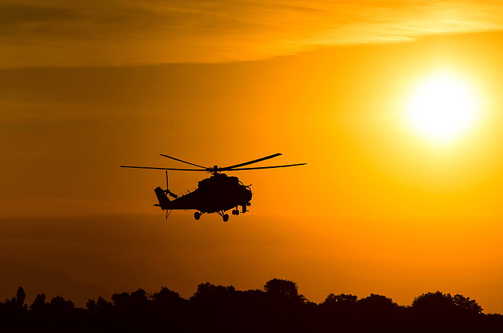 gray helicopter, the sky, the sun, flight, dawn, spinner, silhouette, helicopter, BBC, bokeh, Russian, Mi-24, Soviet, shock, Mil, developer, wallpaper., beautiful background, Videoconferencing, HD wallpaper